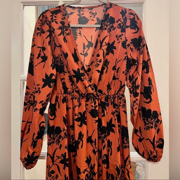 New Midi Floral Thigh Split Brown Orange Rust Color Mix Dress Surplice V Neck - Picture 10 of 16